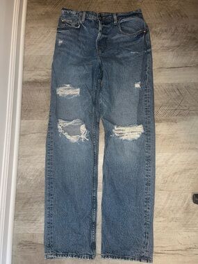 &Denim Women's Straight Leg Ripped Blue Denim Jeans